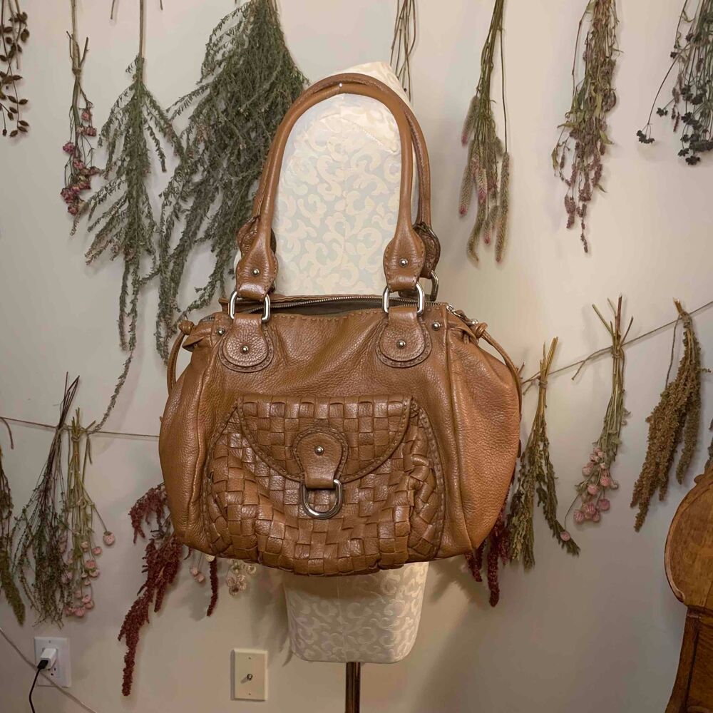 Bebe Y2k Womens Boho Camel Leather Slouchy Shoulder Bag With Double Straps